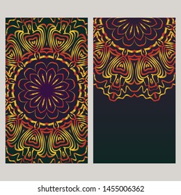Creative invitation card template with floral round mandala. Vector illustration. 