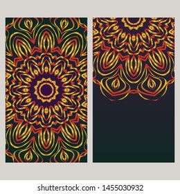 Creative invitation card template with floral round mandala. Vector illustration. 