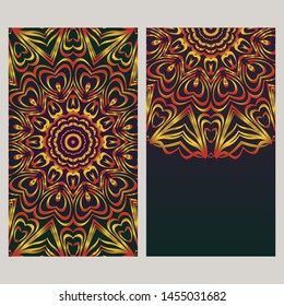Creative invitation card template with floral round mandala. Vector illustration. 