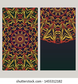 Creative invitation card template with floral round mandala. Vector illustration. 