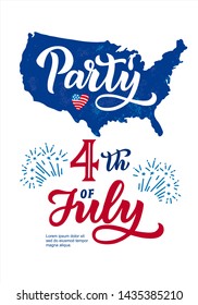 Creative Invitation Flyer decorated with blue map of USA and flag. for 4th of July, American Independence Day Party celebration. Hand written script lettering with fireworks. Template for a festive fl