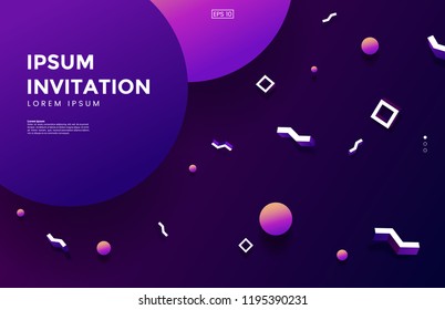 Creative invitation template. Abstract background in memphis style. Colorful gradient wallpaper with 3d geometric shapes. Use for web page, party flyer, banner, promo etc. Vector illustration