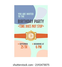 Invitación creativa con relojes de ilustración vectorial. Resumen de los elementos que fluyen sobre el fondo y el texto. Concepto de tiempo y celebración. Plantilla para cartel de partido