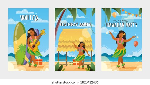 Invitaciones creativas a la ilustración vectorial del partido hawaiano. Elementos hawaianos tradicionales sobre el fondo y el texto. Concepto de vacaciones y celebración. Plantilla para cartel de partido, etiqueta publicitaria o folleto