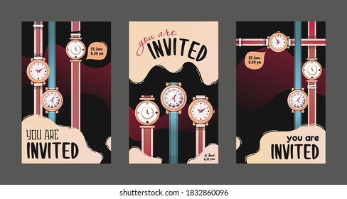 Creative invitations with watches vector illustration. Colorful rounded elements on background and text. Time and event concept. Template for offer poster, party brochure or flyer