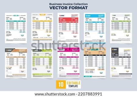 Creative invoice template collection vector with colorful shades. Payment agreement and invoice bill template bundle with product price sections. Cash receipt design set for corporate business. Stock photo © 