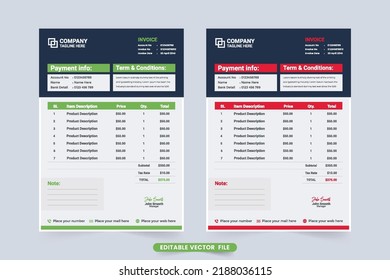 Diseño creativo de plantillas de factura con colores verde y rojo. Vector de papel de facturación de pedidos comerciales con sección de acuerdos de pago. Vector de plantillas de recibo de pago y factura con formas modernas.