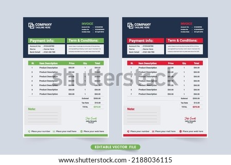 Creative invoice template design with green and red colors. Business order billing paper vector with payment agreement section. Payment receipt and invoice bill template vector with modern shapes. Stock photo © 