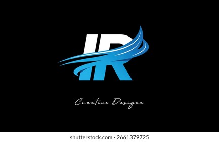 Logotipo de letra inicial IR creativa con Elementos de onda azul. Diseño de marca creativa moderna sobre fondo negro