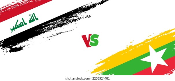 Creative Iraq vs Myanmar brush flag illustration. Artistic brush style two country flags relationship background