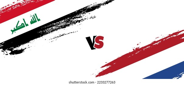 Creative Iraq vs Netherlands brush flag illustration. Artistic brush style two country flags relationship background
