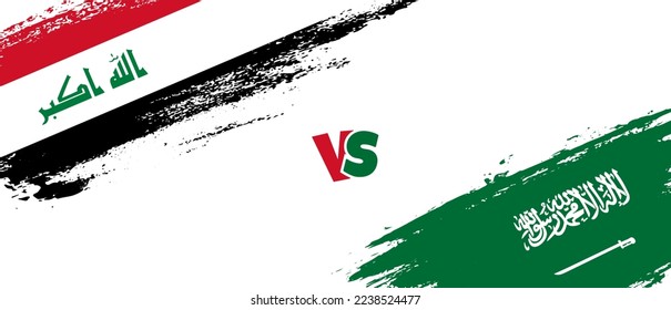 Creative Iraq vs Saudi Arabia brush flag illustration. Artistic brush style two country flags relationship background