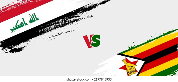Creative Iraq vs Zimbabwe brush flag illustration. Artistic brush style two country flags relationship background