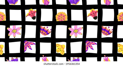 Kreative unregelmäßige schwarze Schachbrettmuster mit Blumen.Abstrakter Druck mit floralen Elementen. Horizontale und senkrechte, gekalkte Streifen. Vektorgrafik.
