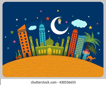 Creative Islamic Elements like Mosque, Arabian Boy, Crescent Moon etc. on Desert for Muslim Community Festivals Celebration.
