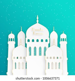 Creative islamic mosque made by paper cutout for holy month of muslim community, Ramadan Kareem celebration. Vector 3D paper mosque.