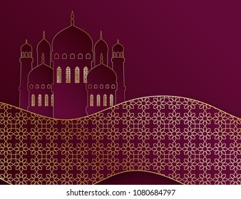 Creative islamic mosque made by paper cutout for holy month of muslim community, Ramadan Kareem celebration. Vector 3D paper mosque and waves