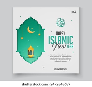 Creative Islamic New Year festival greeting social media post template with Islamic lantern and star 