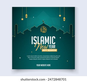 Creative Islamic New Year greeting social media post design with mosque and Islamic lamp