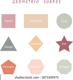 Kreative, isolierte Reihe geometrischer Formen, Lernwandkunst, Unterrichtsausdruck, Dekoration der Klassenzimmer und der Spielräume, druckbares Kleinkind-Vorschulposter, Vektorgrafik, Kunst, Flachdesign
