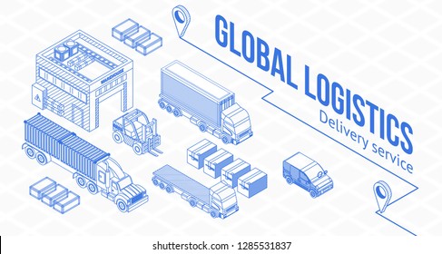 Creative Isometric Blueprint Web Design With Icons For Global Logistics On White Background