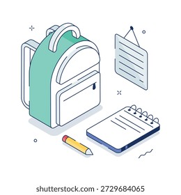 Creative isometric design representing school classwork, notebooks, and backpack