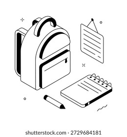 Creative isometric design representing school classwork, notebooks, and backpack