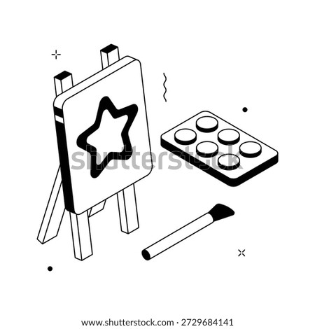 Creative isometric design showing easel, brush, and paint palette for art education
