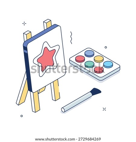 Creative isometric design showing easel, brush, and paint palette for art education