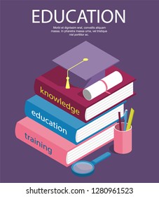 Creative isometric education success, education level and staff and skill development vector concept. School study people, success student learn books illustration - Vector