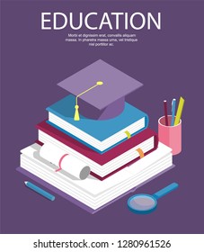 Creative isometric education success, education level and staff and skill development vector concept. School study people, success student learn books illustration - Vector