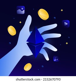 Creative Isometric Illustration. Digital Content, Golden Coins, Geometric Shapes, Hand . Vector illustration