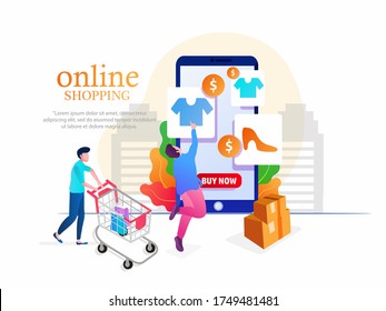 Creative Isometric Illustration of Online Store in Smartphone with Offers Tag, Dresses, Carrying Bags, Full Basket of Gift Box and Payment Card on Blue Background.