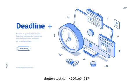 Creative isometric line banner illustrating deadline management with a clock, calendar, and digital elements. Ideal for project planning or time management themes in a modern style.