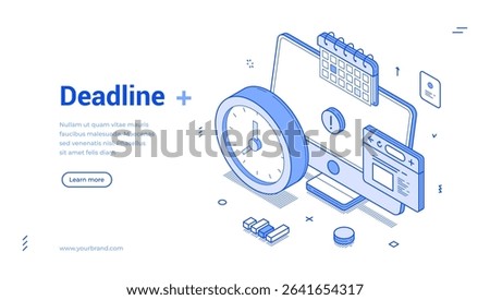 Creative isometric line banner illustrating deadline management with a clock, calendar, and digital elements. Ideal for project planning or time management themes in a modern style.