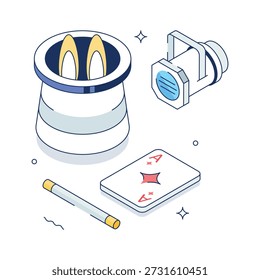 Ilustração de show mágico isométrico criativo com chapéu, cartas e varinha para entretenimento