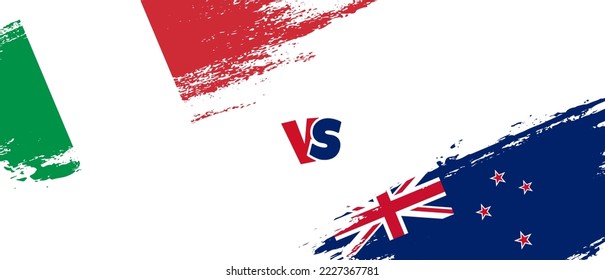 Creative Italy vs New Zealand brush flag illustration. Artistic brush style two country flags relationship background
