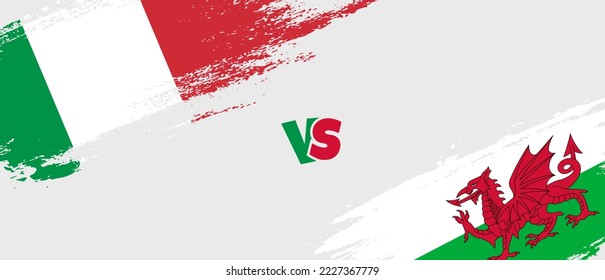 Creative Italy vs Wales brush flag illustration. Artistic brush style two country flags relationship background