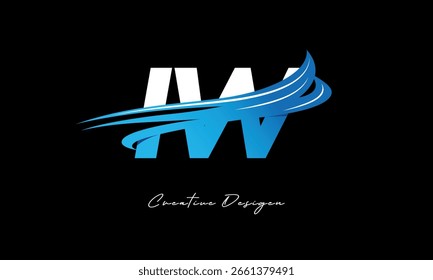Logotipo de letra inicial de IW creativo con Elementos de onda azul. Diseño de marca creativa moderna sobre fondo negro