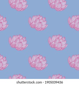 Creative japan nature seamless pattern with pink contoured lotus flower shapes. Blue pale background. Decorative backdrop for fabric design, textile print, wrapping, cover. Vector illustration