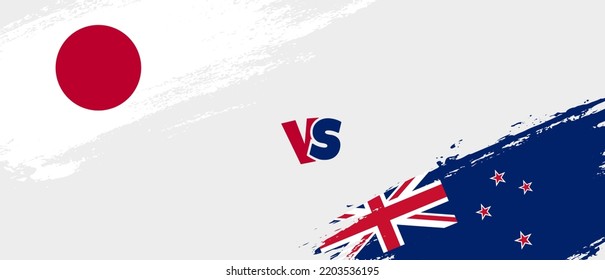 Creative Japan vs New Zealand brush flag illustration. Artistic brush style two country flags relationship background