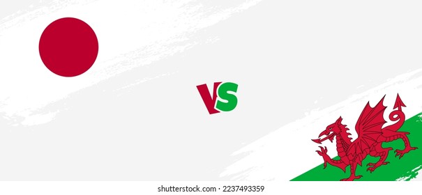 Creative Japan vs Wales brush flag illustration. Artistic brush style two country flags relationship background