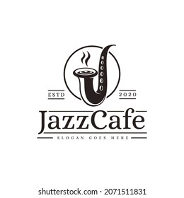 Creative Jazz bar, jazz cafe logo with J saxophone and  coffee cup vector icon on white background