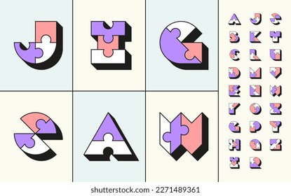 Creative jigsaw puzzle bold modern font, graphical outline multicolor english alphabet. 