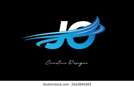 Creative JO Initial Letter Logo with Blue Wave Elements. Modern Creative Branding Design on Black Background
