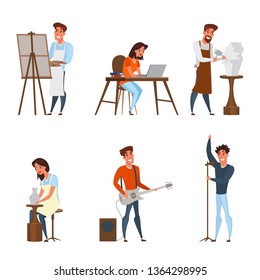 Creative jobs, careers flat illustrations set. Artist, writer, sculptor, musician, singer vector characters pack.  