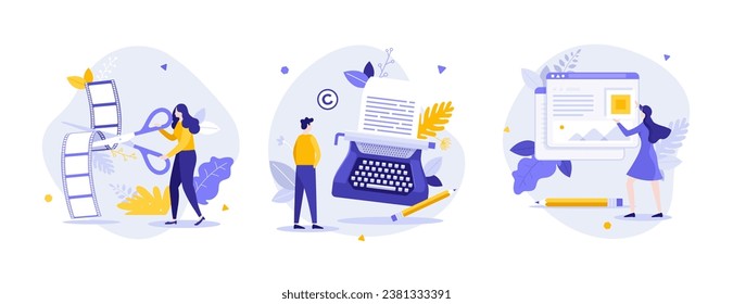 Creación de trabajos de diseño plano concepto ilustraciones vectoriales establecidas. Cine, trabajo de escritor y composición de caricaturas para el desarrollo de páginas web. Idea de tecnología de arte moderno y vintage para sitio web, presentación