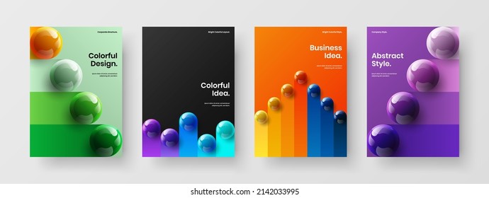 Creative journal cover A4 design vector illustration set. Trendy 3D spheres company identity layout bundle.