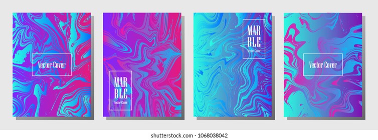 Creative journal layouts set. Backdrop for binder template, corporate flyers. Annual report cover glitch layouts set. Flyer placard, report, journal, binder vectors in magenta violet cyan blue.