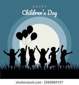 Creative and joyful Children's Day illustration featuring children’s silhouettes holding balloons, playing on grass under a glowing moonlight background. This elegant vector design is perfect